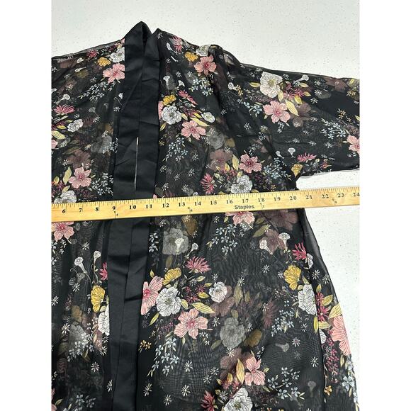 Mudd Kimono Black Floral Sheer Satin Trim One Size Dark Romantic Whimsygoth Boho - Picture 5 of 6